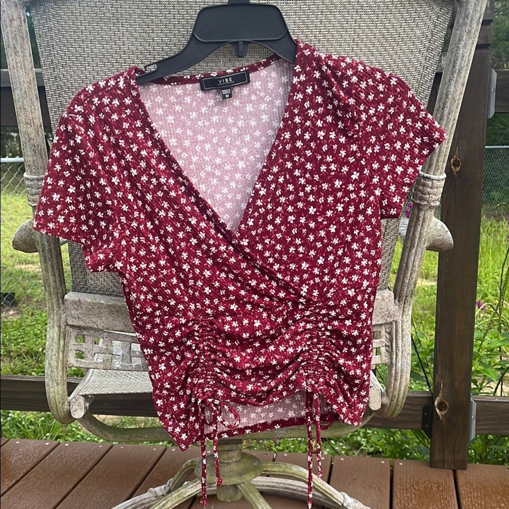 Vibe Burgundy Floral Wrap Crop Top